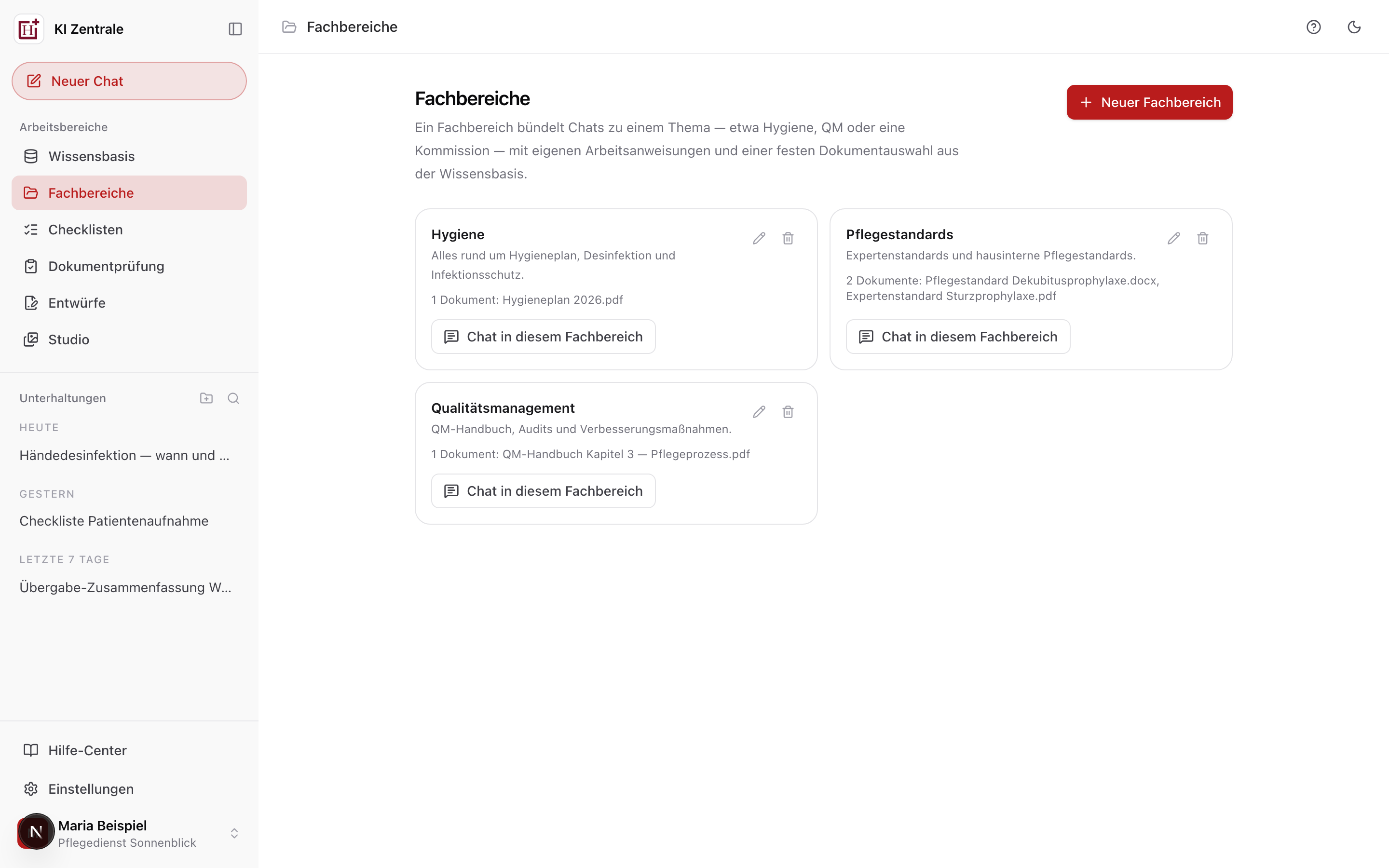 Übersicht der Fachbereiche mit Anweisungen und zugeordnetem Wissen