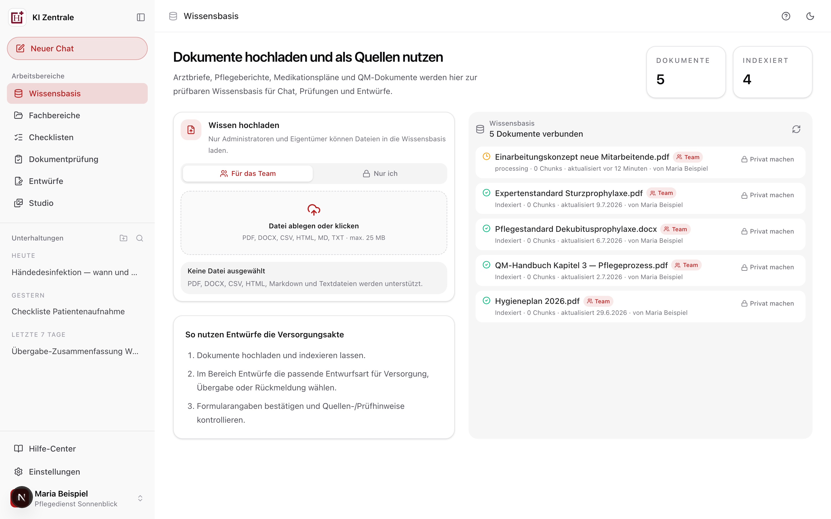 Wissensbasis mit hochgeladenen Dokumenten und Verarbeitungs-Status